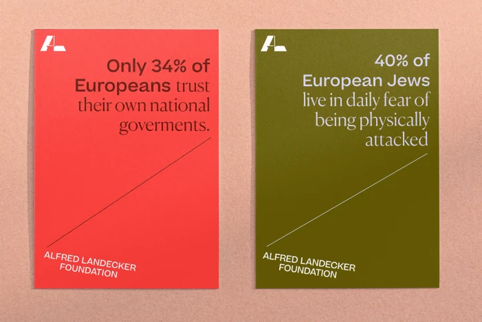 Two vertical printed posters with typographic layouts featuring statistical statements for Alfred Landecker Foundation