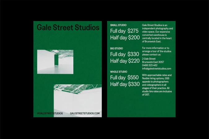 Advertisement for Gale Street Studios, featuring indoor spaces for photography and videography, including pricing for studio rental.