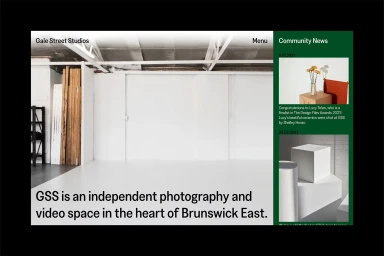 Website interface design for Gale Street Studios showing a bright white studio space and community news sidebar
