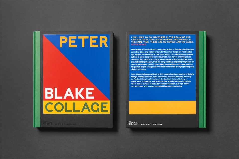 Two hardcover books, "Peter Blake Collage," with geometric designs and text on the covers, displayed against a gray backdrop.