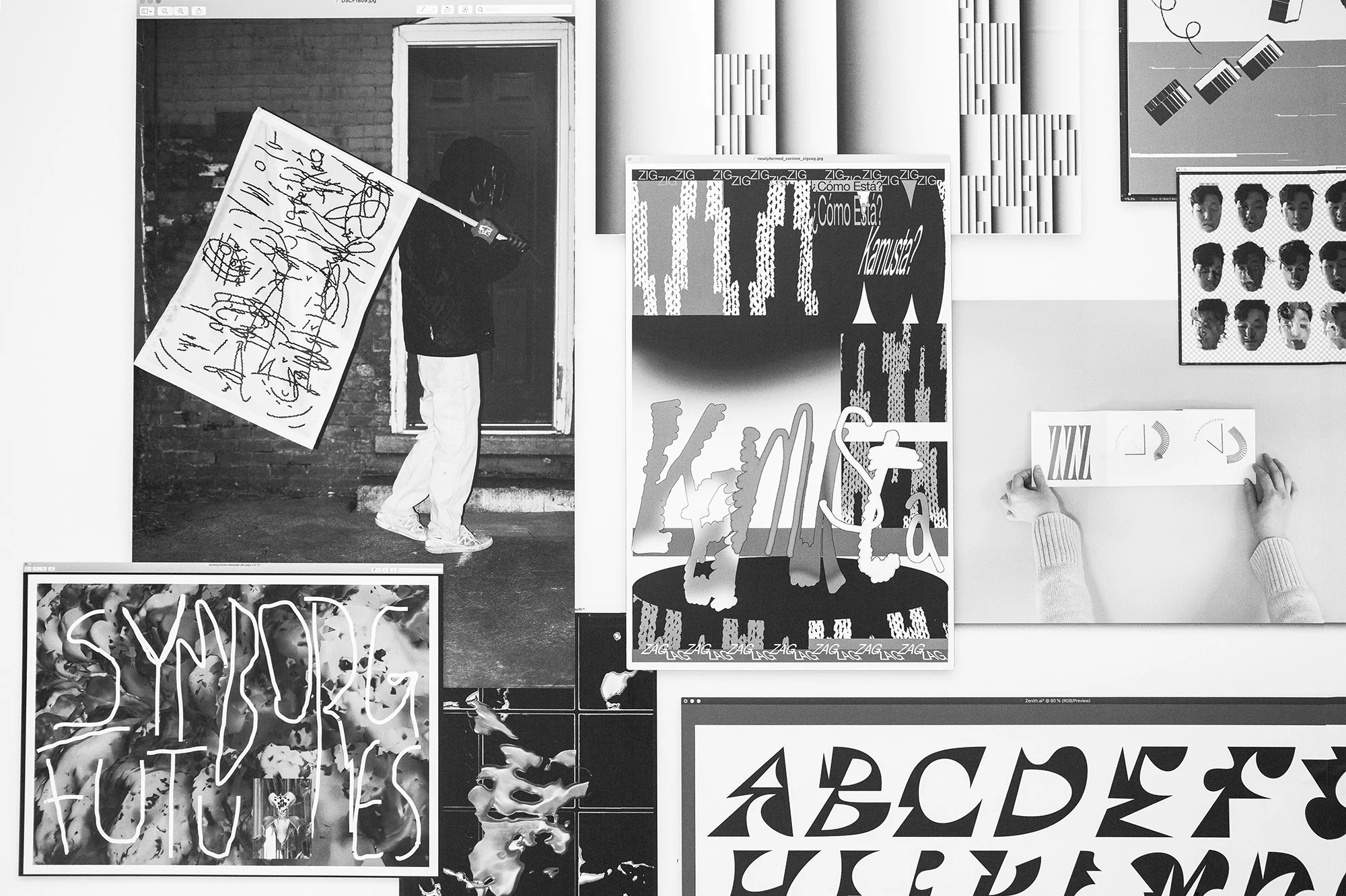 Black and white collage featuring person with flag, typography posters, and hands with paper shapes; a collection of art and design elements.