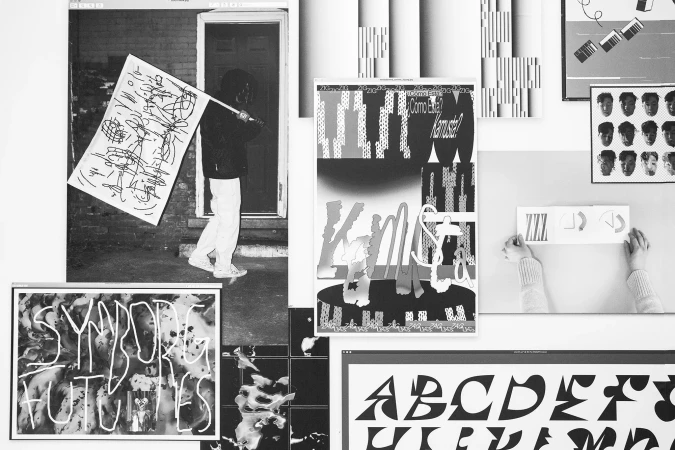 Black and white collage featuring person with flag, typography posters, and hands with paper shapes; a collection of art and design elements.
