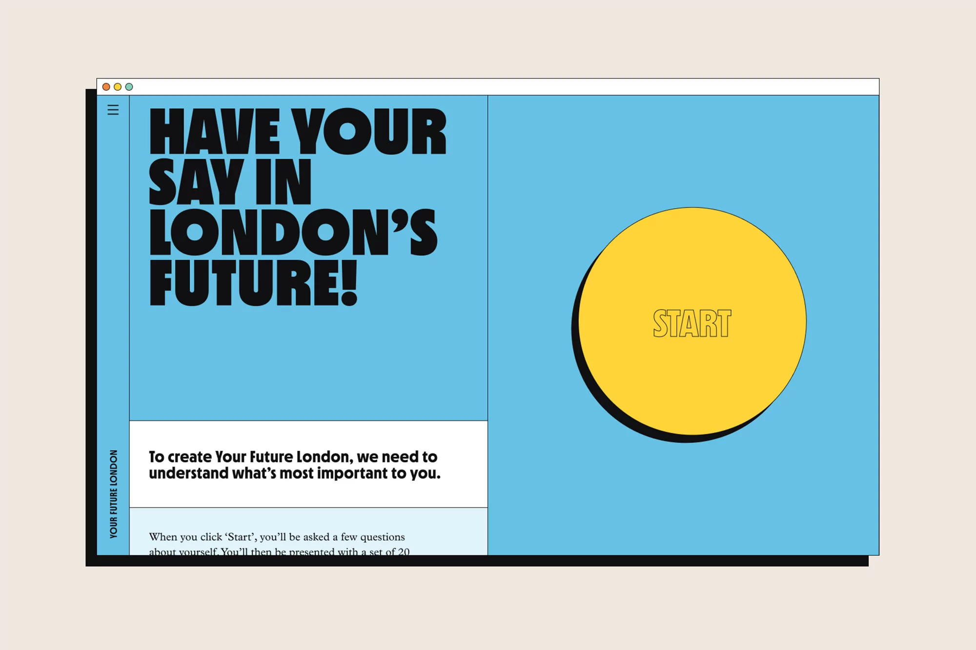 An advertisement for London's Future. The design features black text, a yellow circle that says 'Start' on a blue and white background.