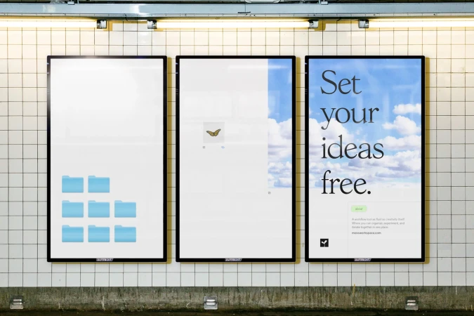 Three adjacent posters on a tiled wall, with graphics and text: folders, a butterfly, and the phrase 'Set your ideas free.'