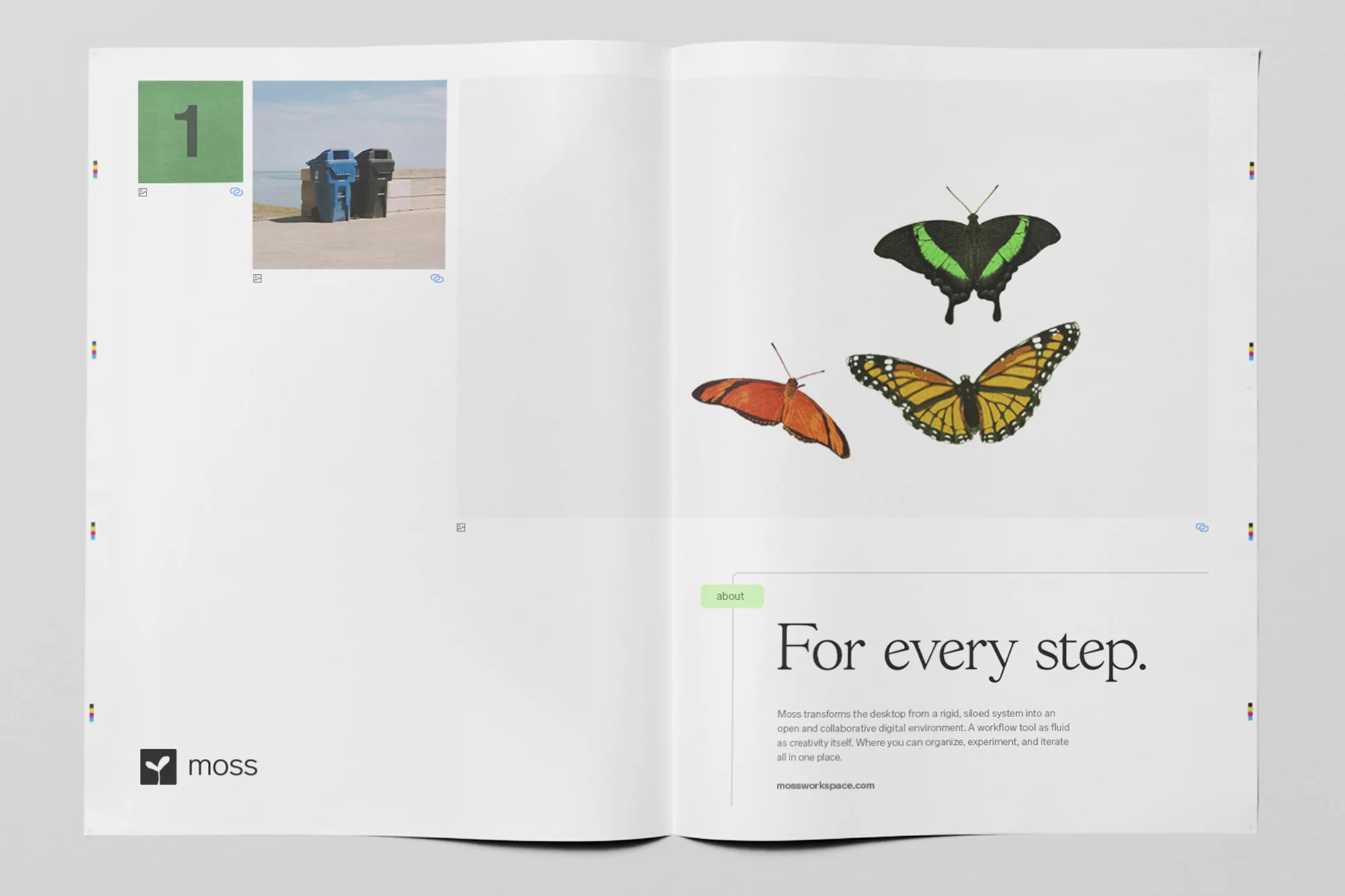 Open magazine spread featuring butterfly illustrations, block number, trash bins, and Moss workspace branding against a white backdrop.