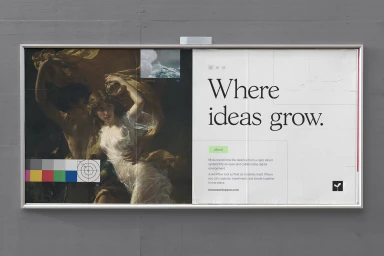 Moss brand identity mockup on a grey concrete wall featuring classical figures and bold typographic layout.