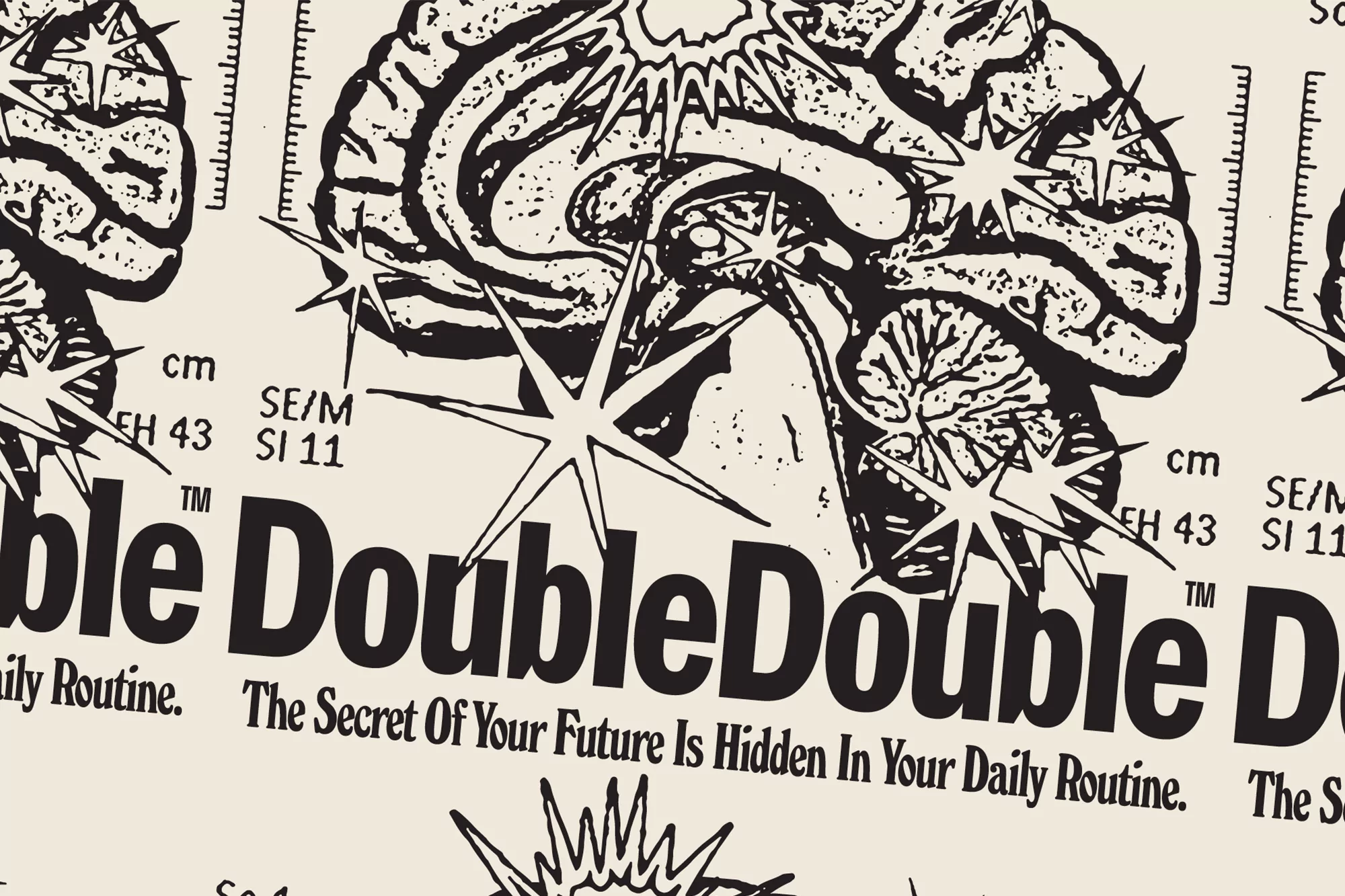 An illustration of a brain with starbursts and repeating text "Double" and a sentence about the future on a light background.