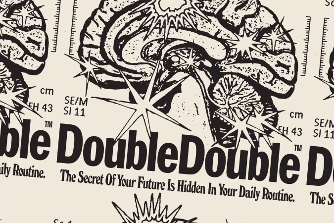 An illustration of a brain with starbursts and repeating text "Double" and a sentence about the future on a light background.
