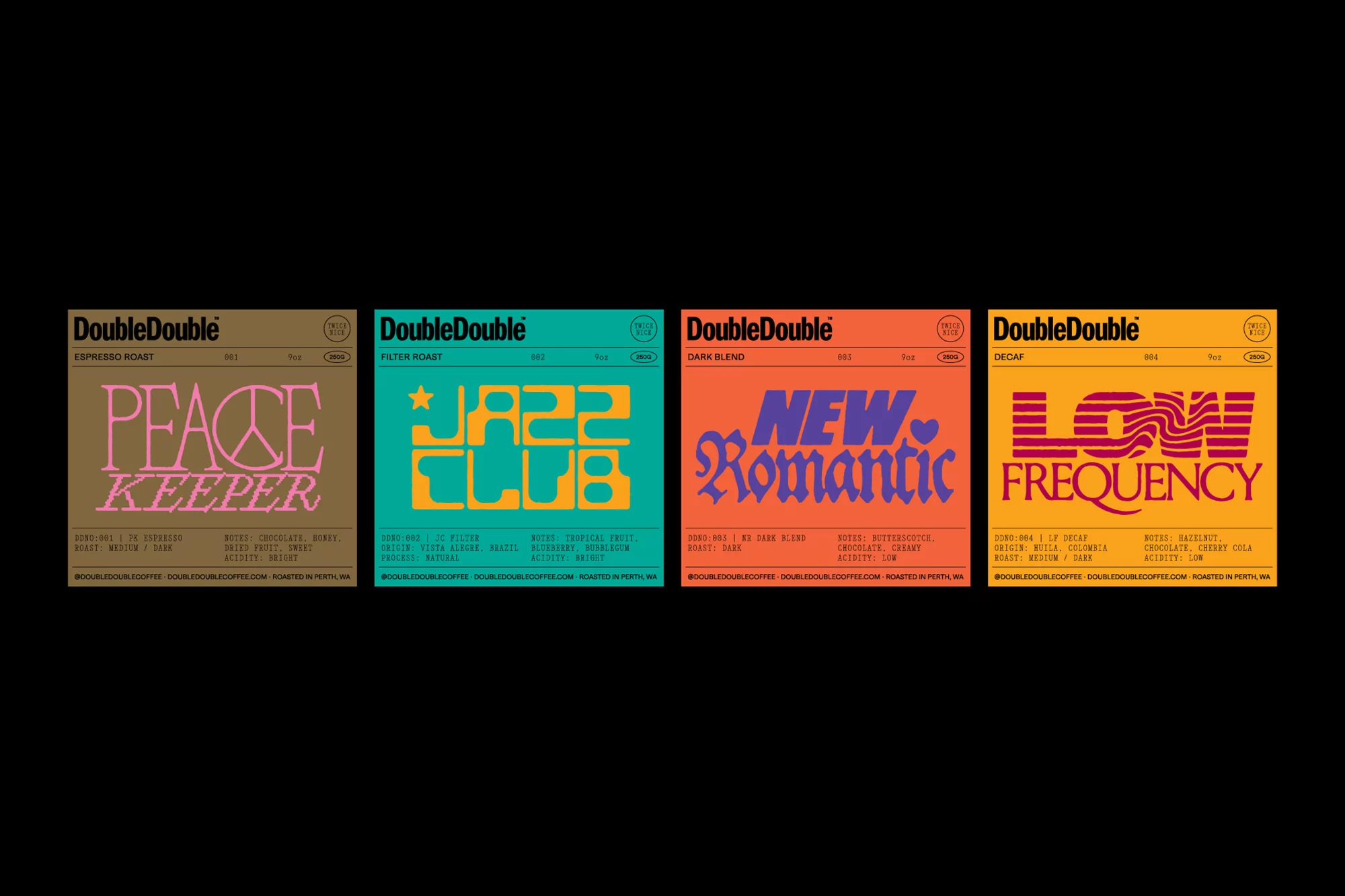 Four colorful vintage-inspired coffee product labels with creative typography, arranged against a solid black backdrop for product promotion.