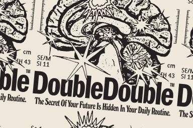 Graphic design brand identity featuring a detailed vintage brain illustration and repeated typography for DoubleDouble.
