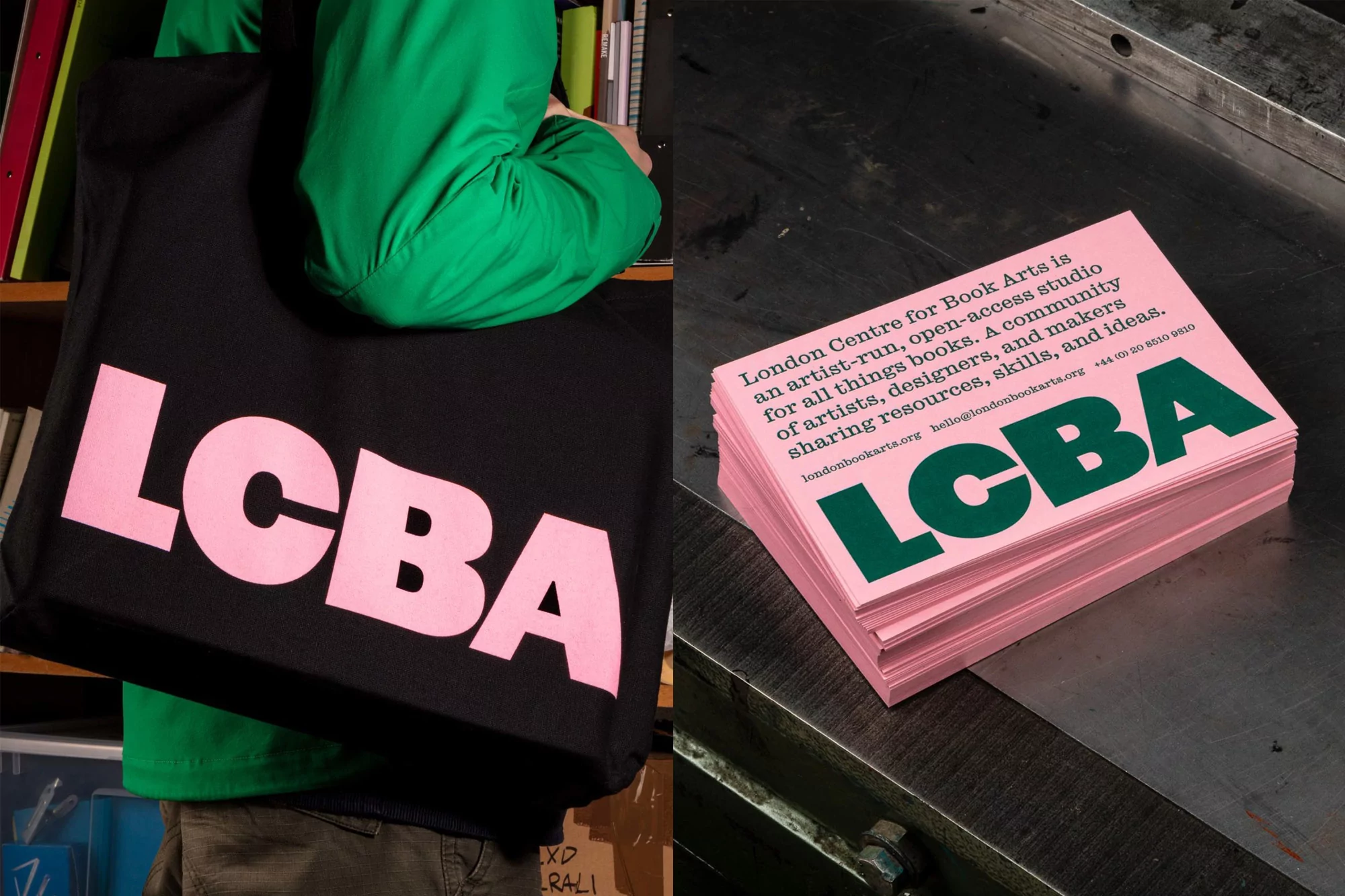 Black tote bag with pink 'LCBA' logo and a stack of pink and green LCBA cards on a metal surface are featured in this product shot.