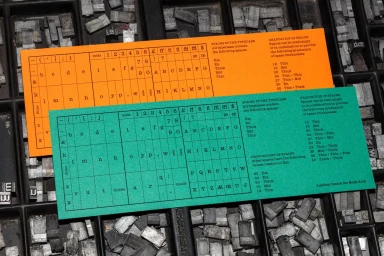 Orange and green letterpress typecase layout cards resting on top of metal type sorts in a printer drawers.
