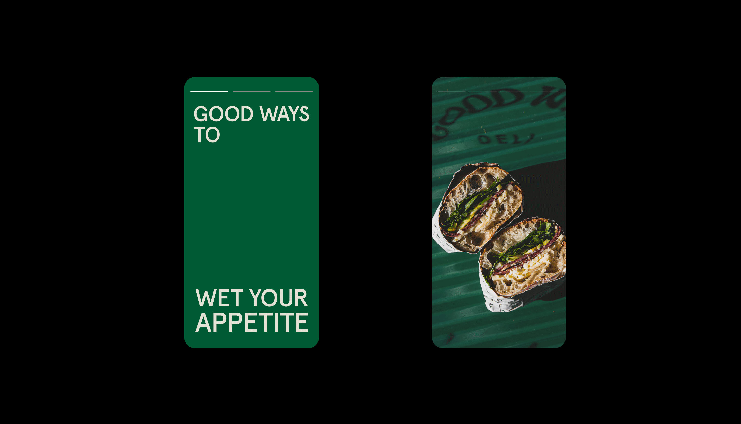 Two halves of a gourmet sandwich are displayed next to promotional text on a split-screen ad, presented against a dark background.