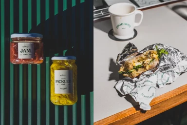 Two jars of jam and pickles next to a wrapped sandwich and branded mug for Good Ways brand identity project