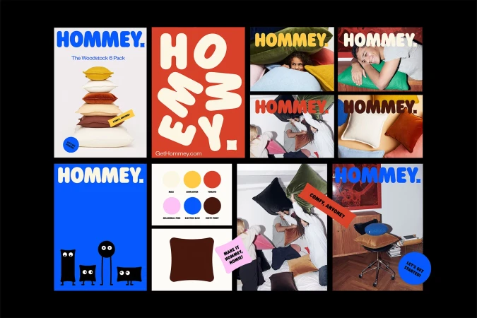 Collage of Hommey brand pillows and graphics with product promotions and lifestyle imagery against a black background. 