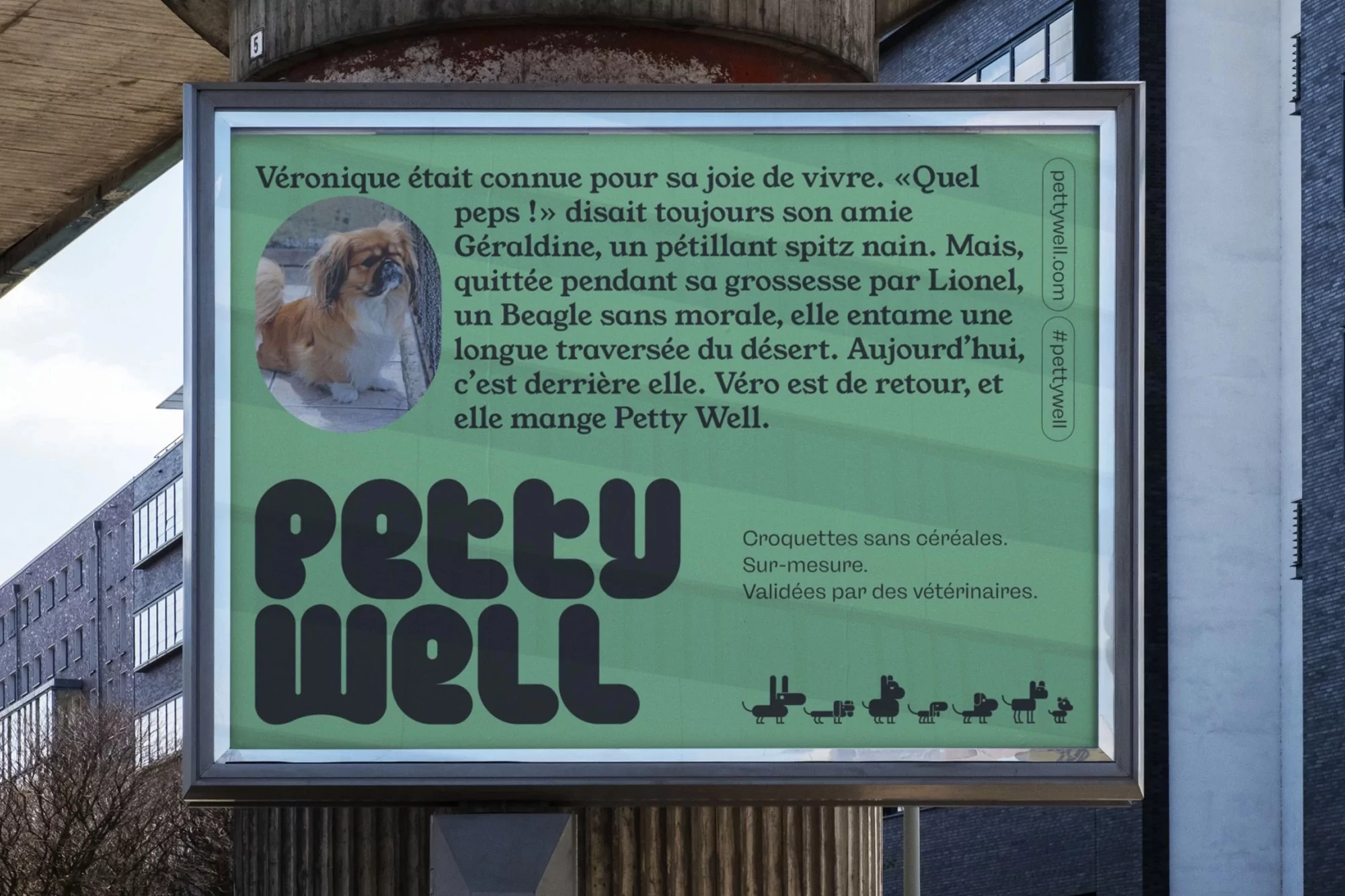 Advertisement featuring a Pekingese dog for Petty Well dog food, promoting cereal-free food validated by veterinarians.