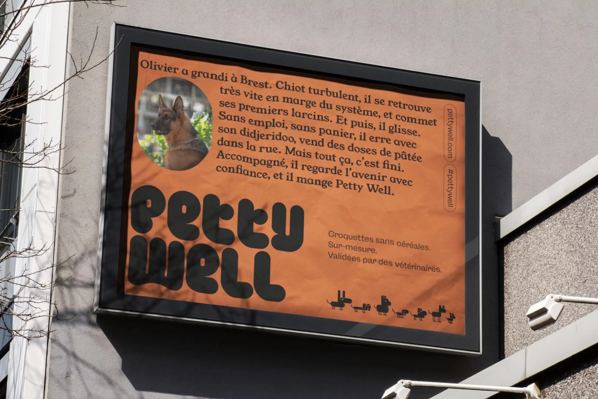 Pet food advertisement featuring a German Shepherd on an outdoor poster with orange background, marketing text, and illustrated dog silhouettes.