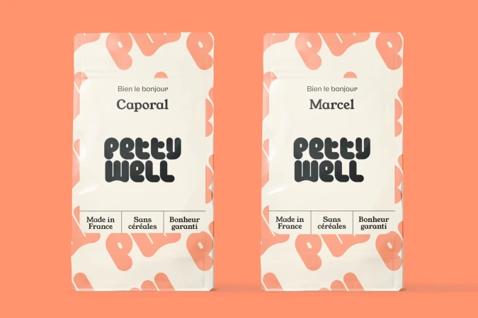 Two packages of Petty Well brand food, one labeled Caporal and the other Marcel, displayed on a solid coral background. Brand design.