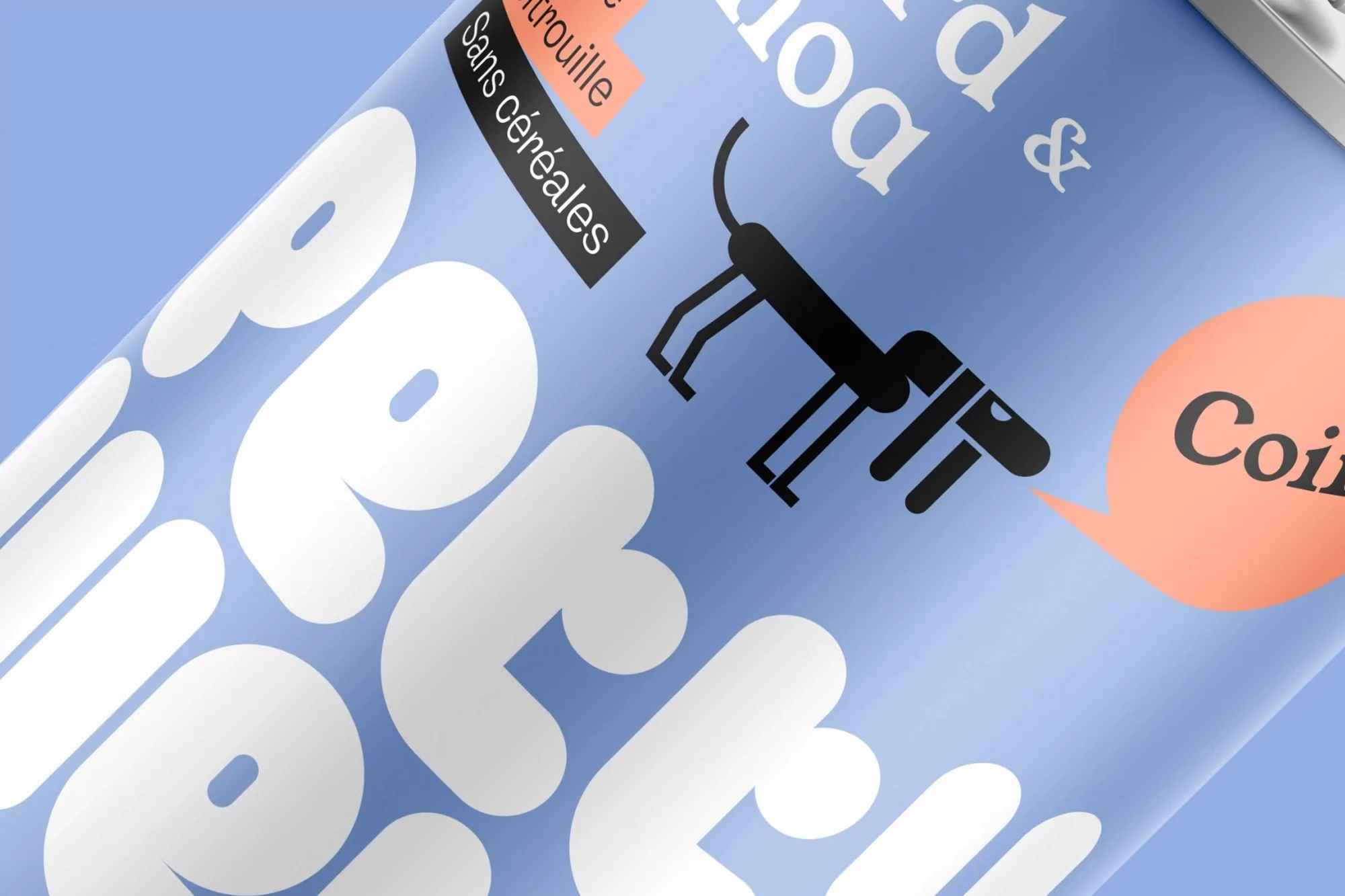Closeup of pet food can with graphic of a dog, the words Pet Food, and text in French, against a gradient of powder blue.