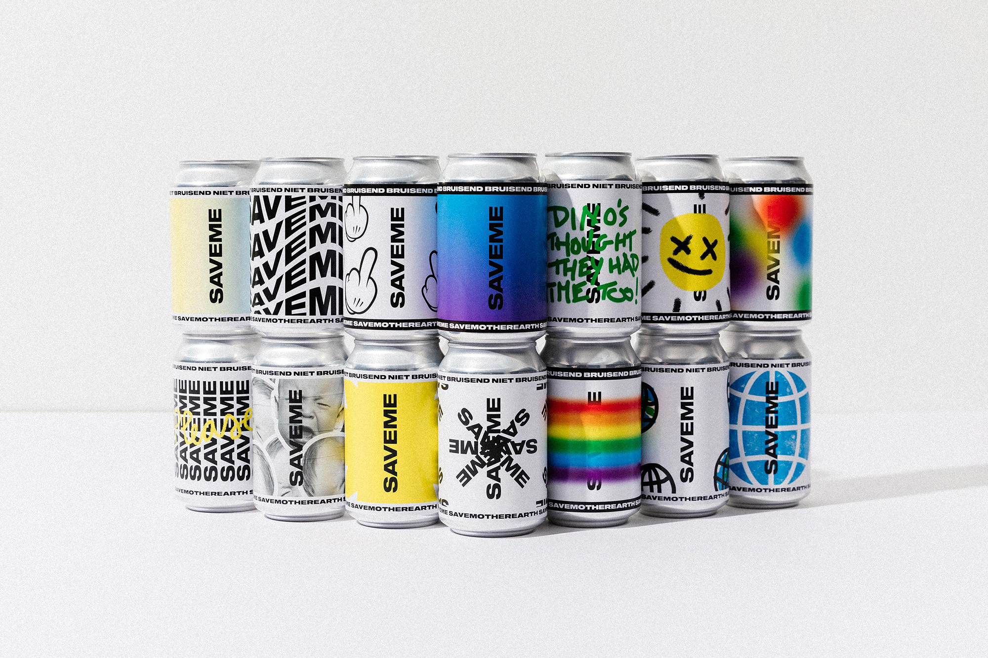 Stack of aluminum cans with various colorful designs and 'SAVEME' branding against a plain white background in a studio setting.