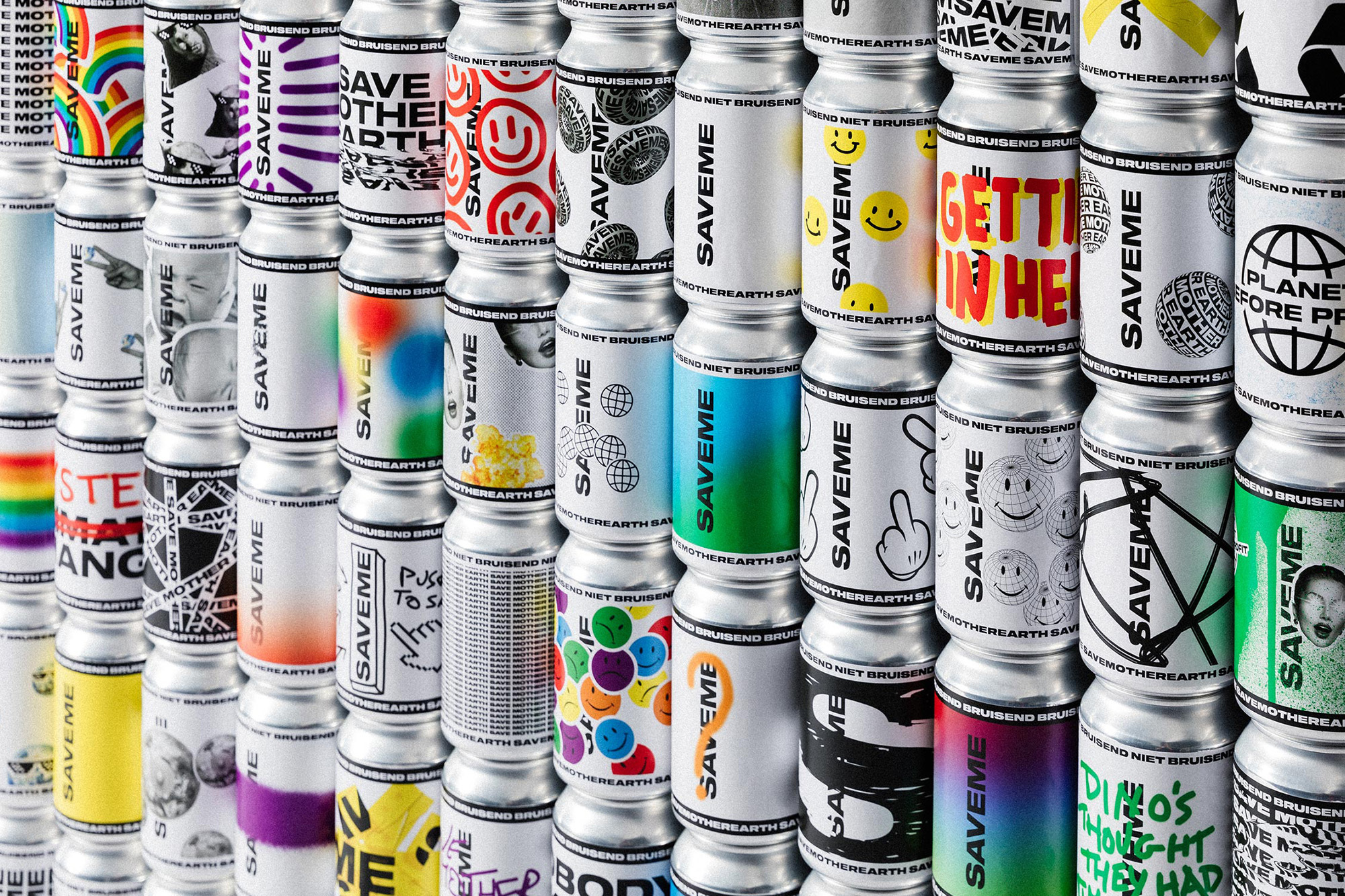 Repetitive pattern of aluminum cans with colorful graphic designs and the word 'SAVEME' in a stacked, eye-level presentation.