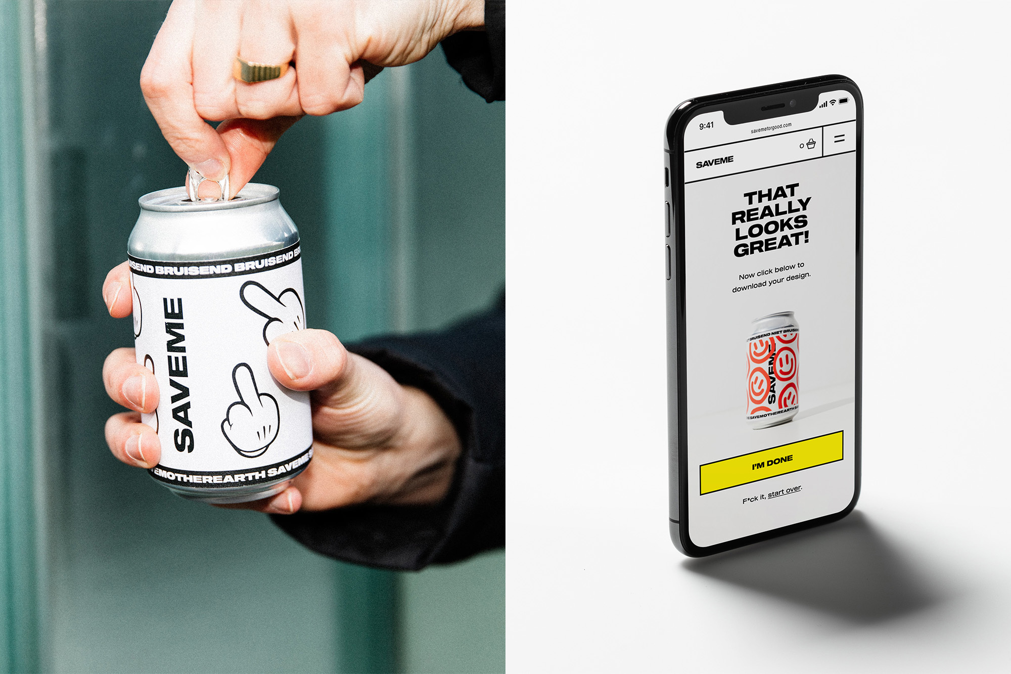 Person opens a uniquely designed soda can with cartoon imagery, displayed next to an iPhone showing the same can's design.