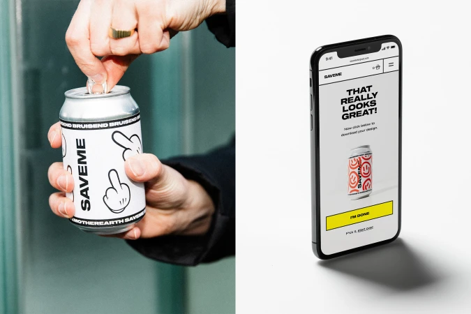 Person opens a uniquely designed soda can with cartoon imagery, displayed next to an iPhone showing the same can's design.