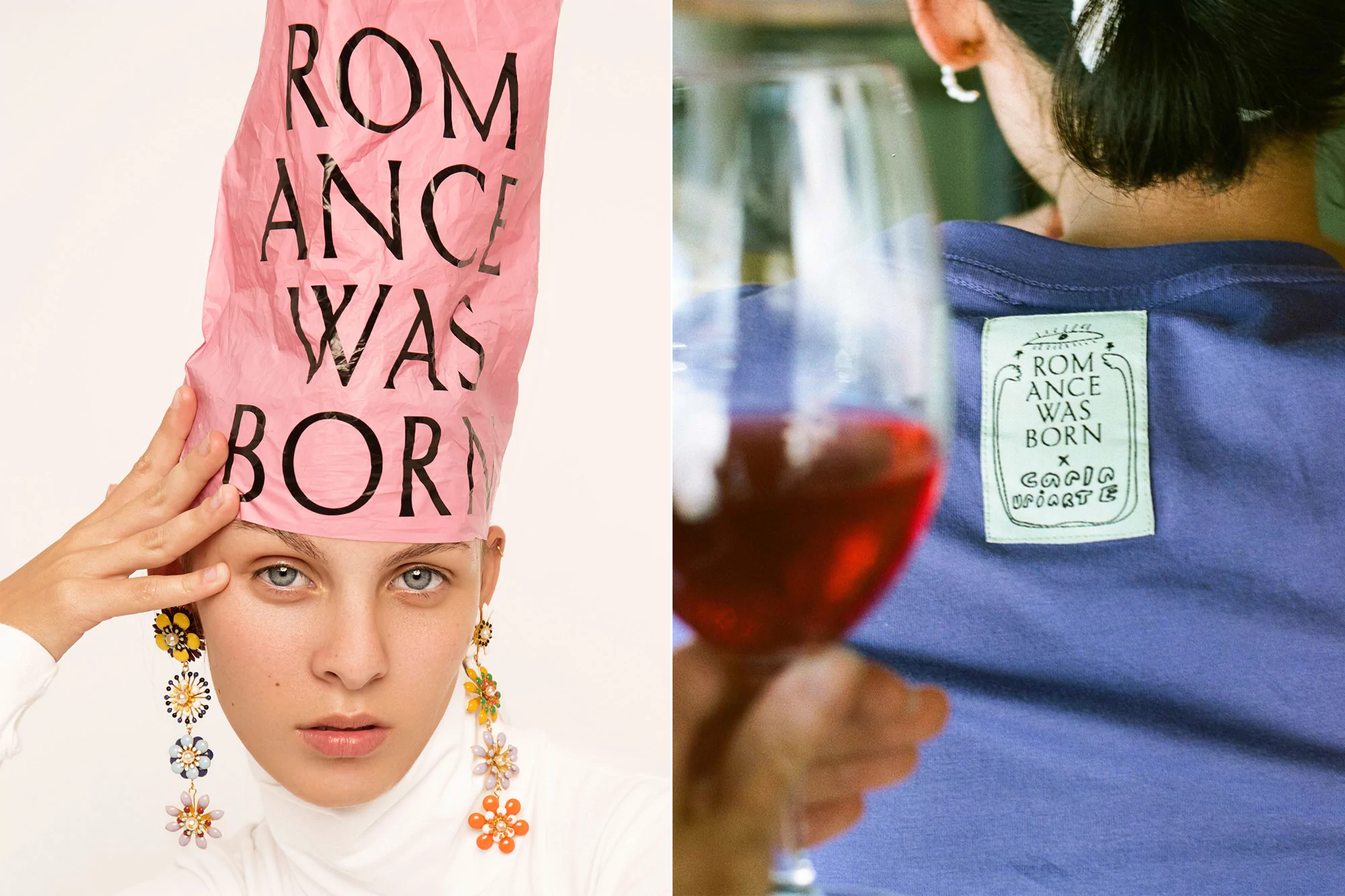 Close-up of a fair-skinned young adult woman wearing a 'Romance Was Born' headpiece and floral earrings, plus a wine glass and t-shirt.
