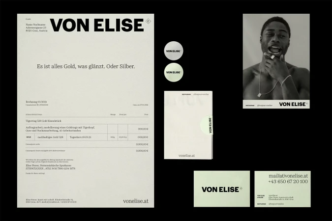 Promotional collage of Von Elise brand materials featuring a shirtless Black male model wearing jewelry, an invoice, and business cards.