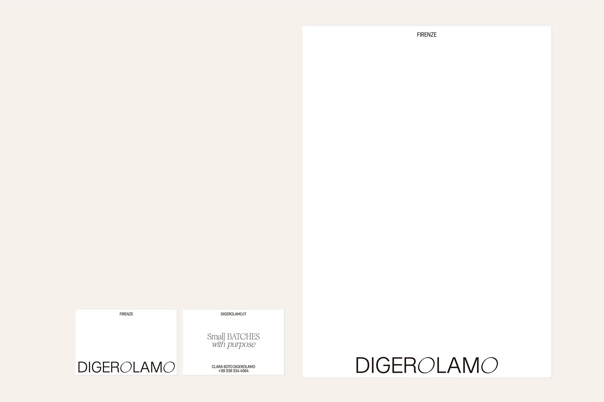 Minimalist stationery featuring a letterhead and business card with the name 'DIGEROLAMO' in a simple, elegant font on a light background.
