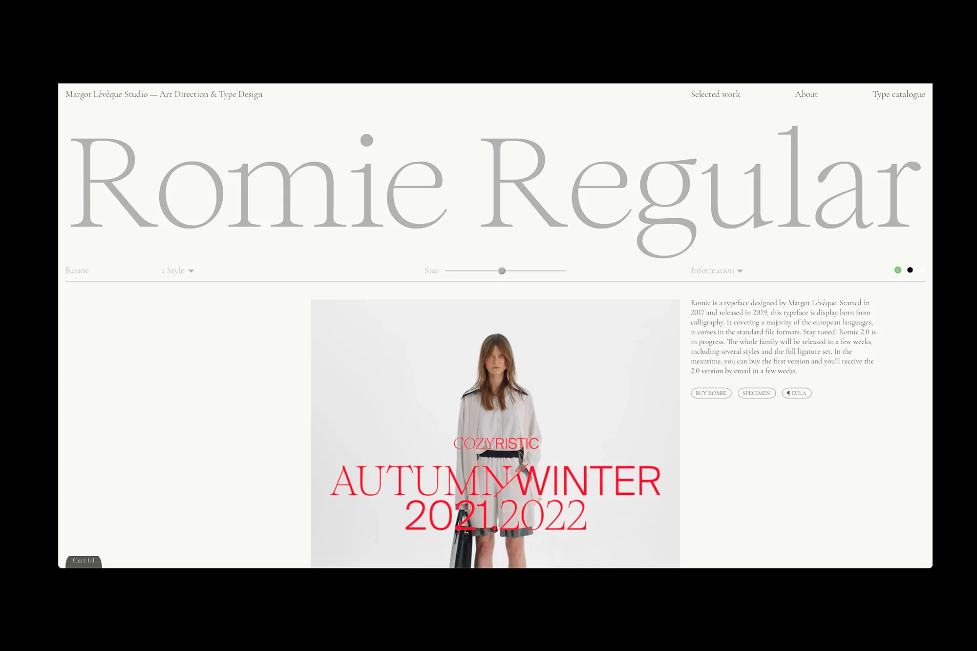 Website design featuring a woman wearing a light-colored outfit, with text overlays for 'Autumn Winter 2021/2022' and brand elements.