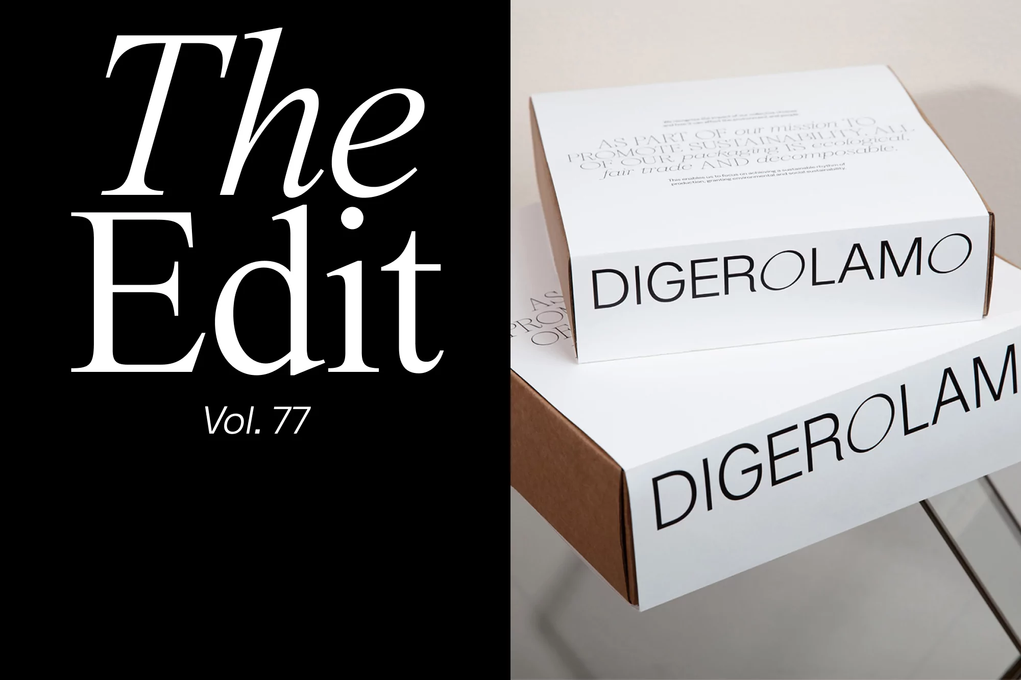 Two stacked white boxes labeled 'DIGEROLAMO' sit beside bold text 'The Edit Vol. 77' against a contrasting black background.