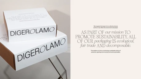 Two white branded packaging boxes with black lettering resting on a glass stand next to text on a cream wall.
