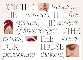 Typography graphic layout with serif text and inset photo crops showing lips, leather bag, and closed eyes.