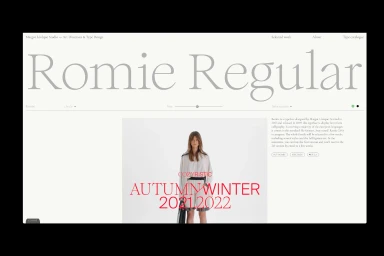 Screenshot of a minimalist digital type catalogue website featuring large serif typography and a fashion model portrait image
