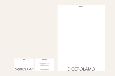 Minimalist brand identity layout featuring white stationery, business cards, and letterhead with black typography for Digerolamo