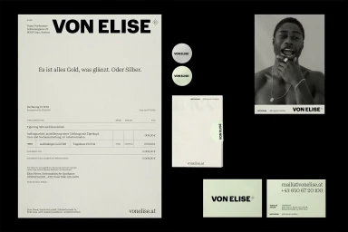 Branding layout for VON ELISE featuring a cream invoice sheet, round stickers, business cards, and a black-and-white portrait.