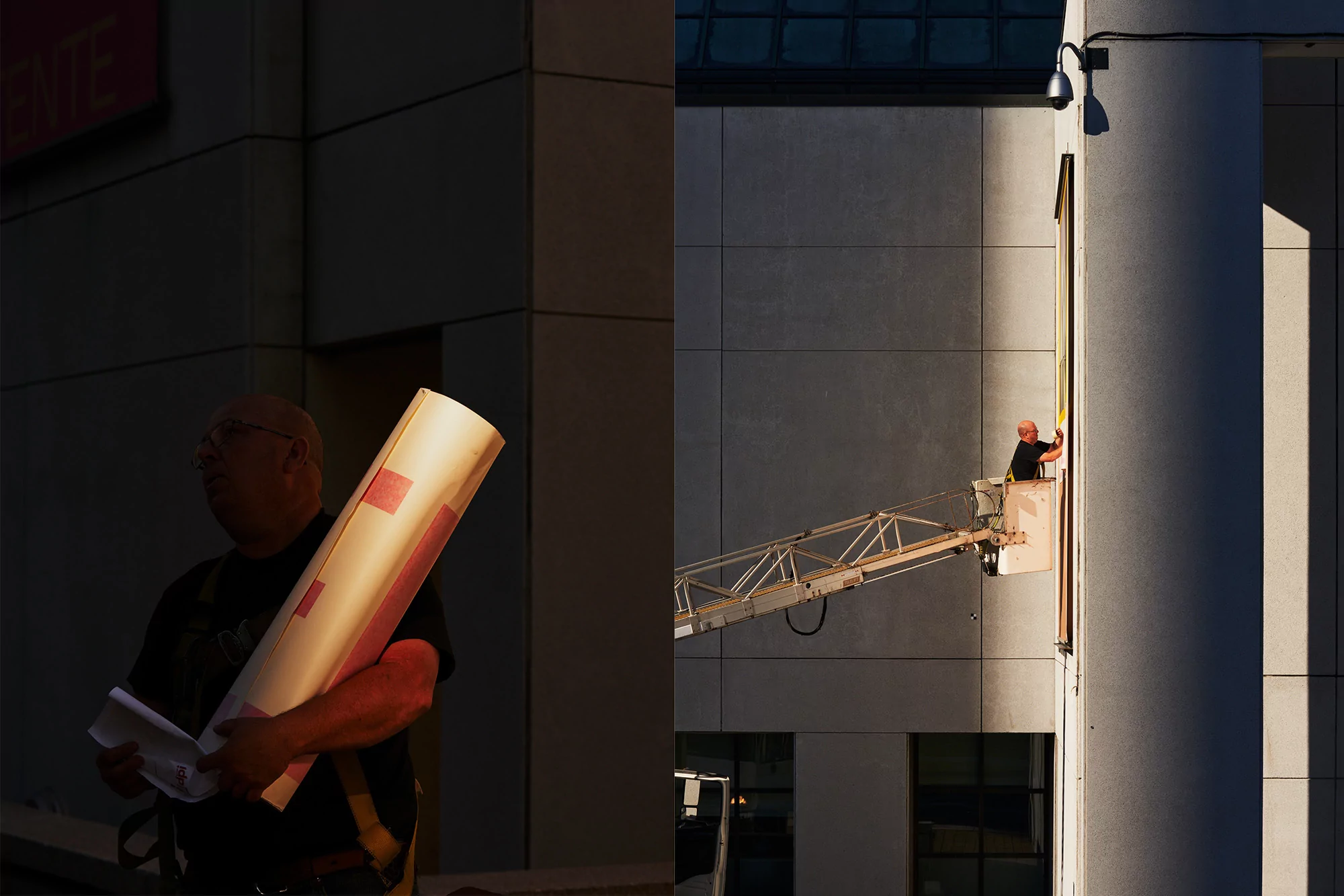 Workers on construction lift and man carrying poster roll are captured in bright natural light against modern architecture backdrop.