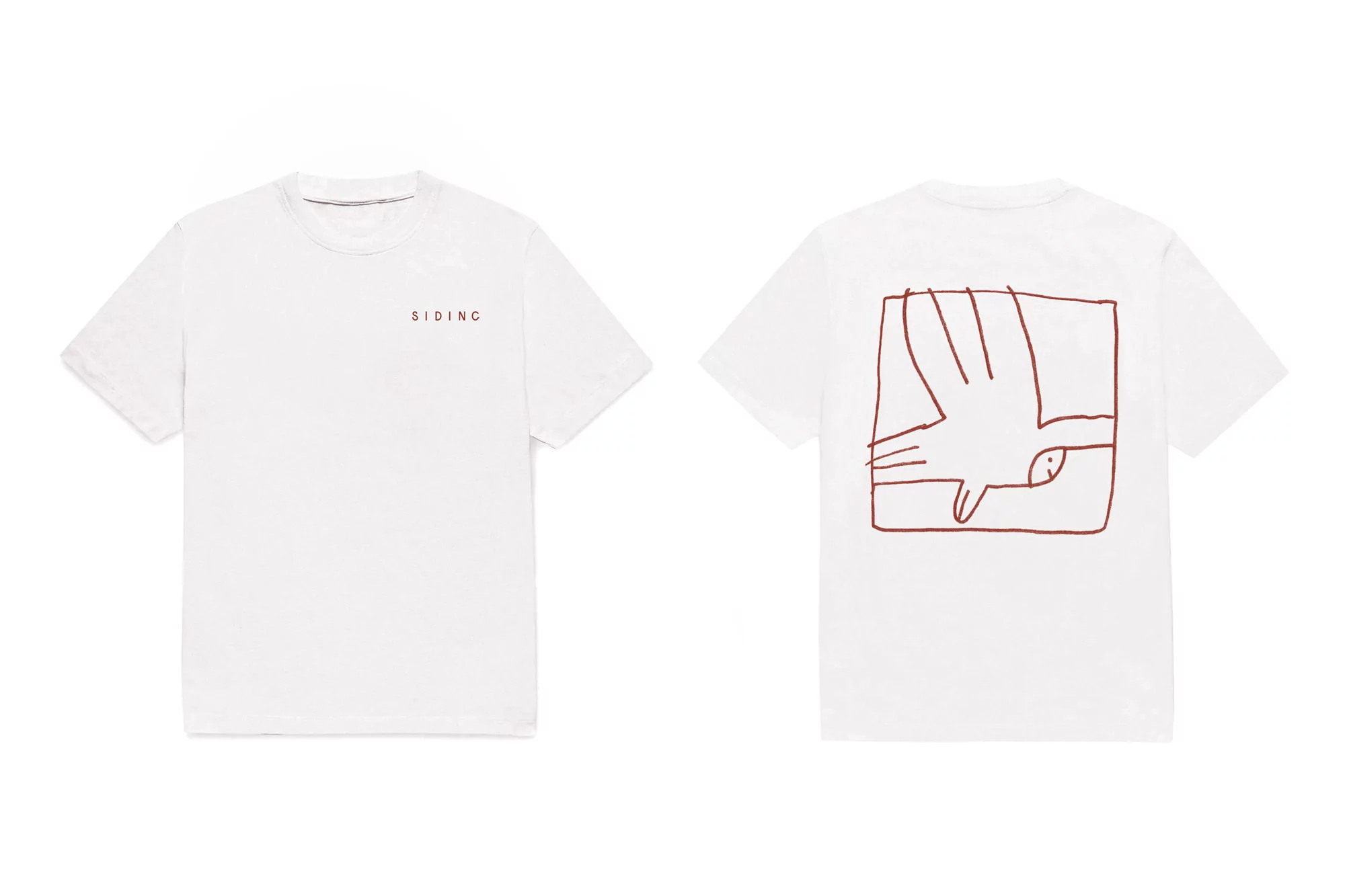 Two white t-shirts, one with a small logo and the other with a brown line art graphic of a bird in a square.