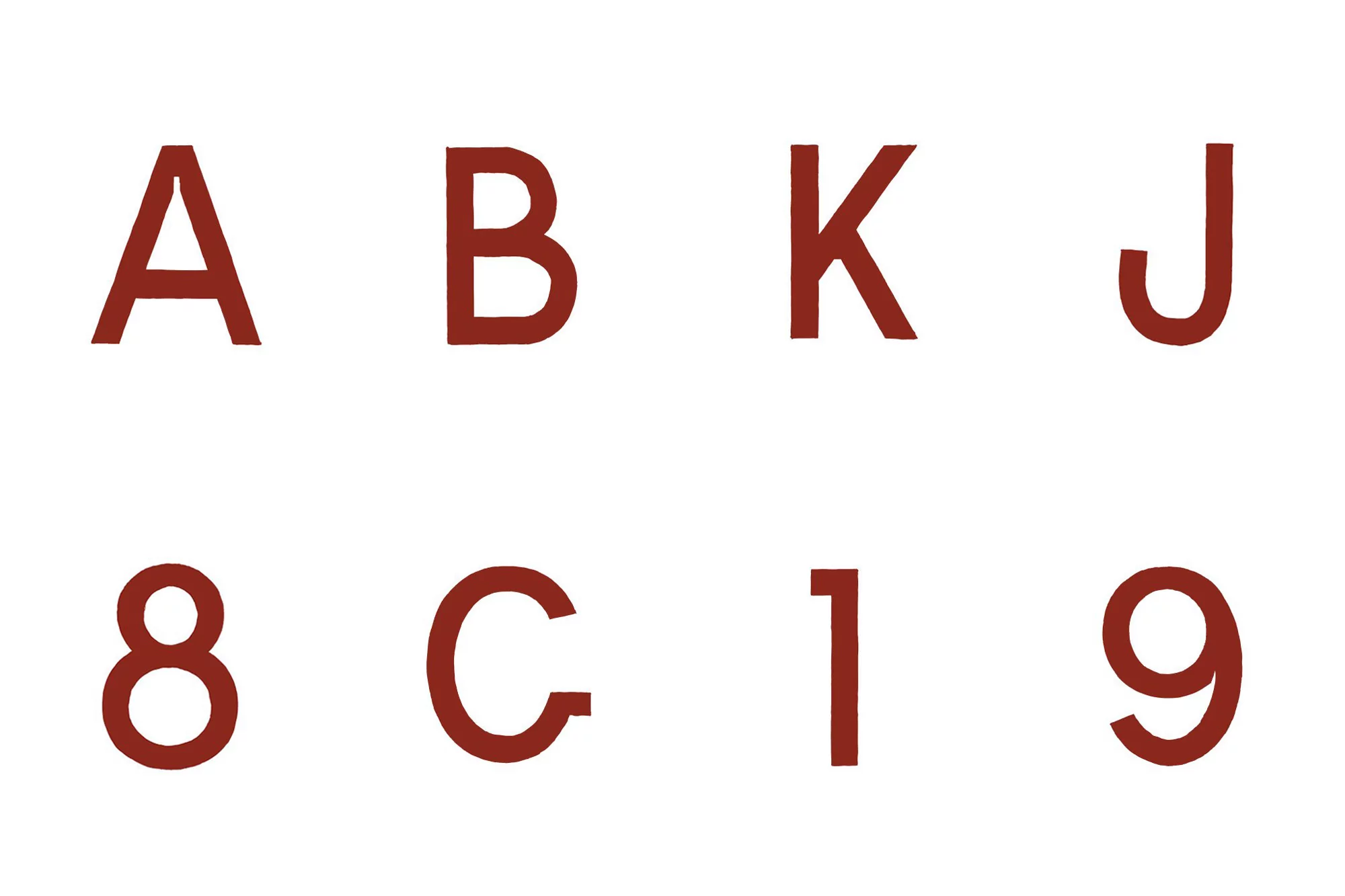 Display of block letters and numerals in a grid-like layout, featuring capital letters A, B, K, J, and numbers 8, C, 1, 9.