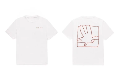 Front and back views of a white t-shirt featuring a red line-art bird graphic on the back and text on the front.