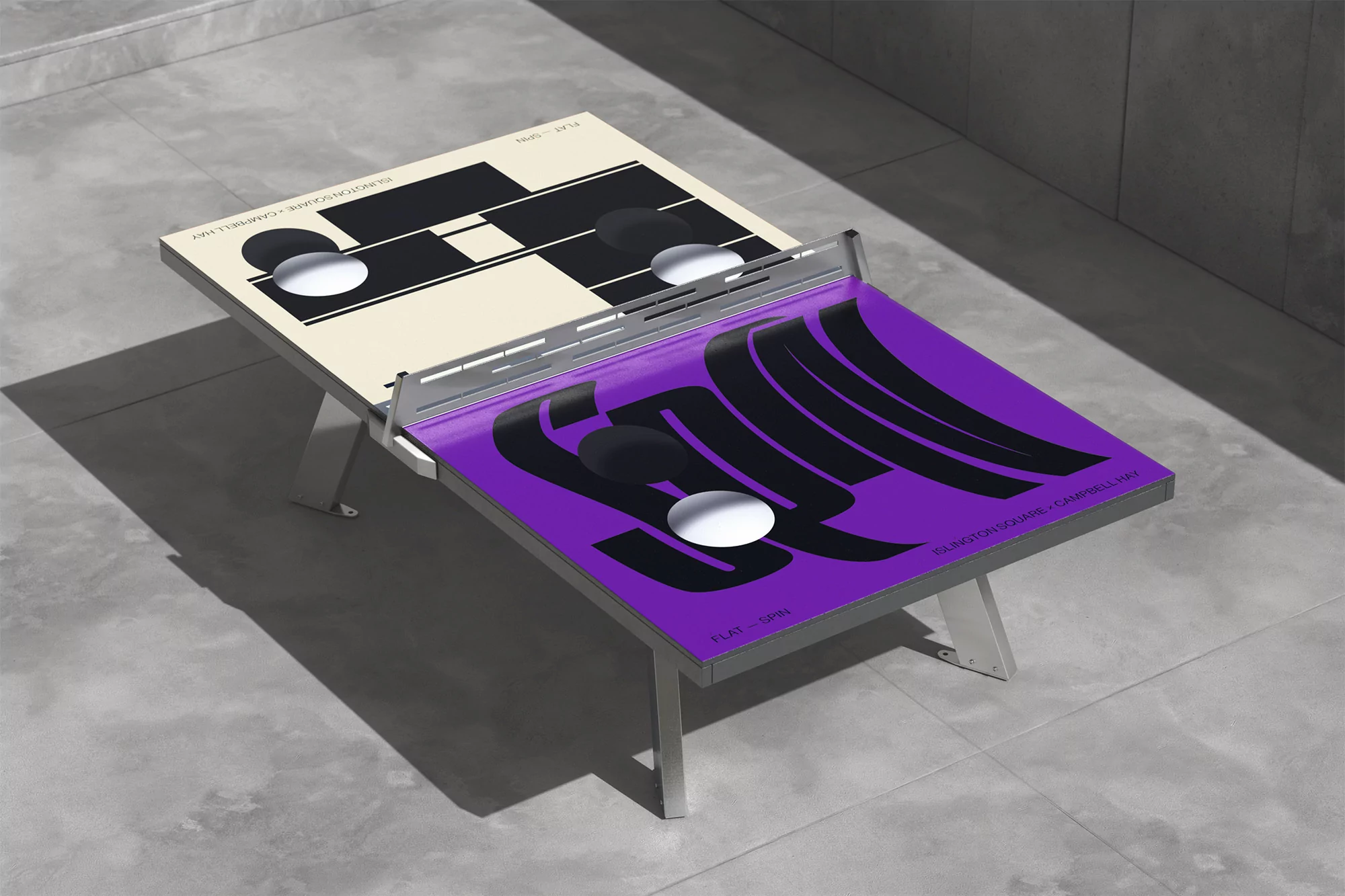 Modern ping pong table featuring bold, abstract graphics in purple and white against a neutral, minimalist background, casting long shadows.