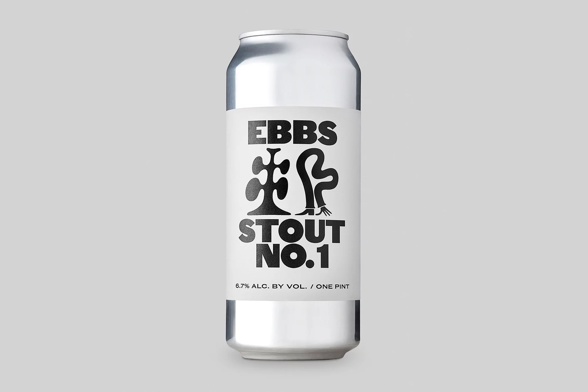 Aluminum can of stout beer with a label featuring black text and graphic art, set against a solid light gray background in studio lighting.