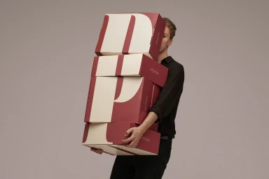 Man in black shirt holding a tall stack of branded red and white boxes against a grey background