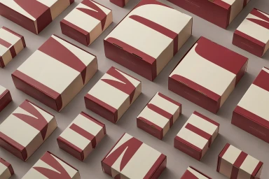An array of custom branded packaging boxes in various sizes arranged neatly on a grey surface.