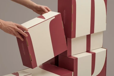 Hands holding a custom printed cardboard box with a cream and burgundy geometric pattern against a plain grey background