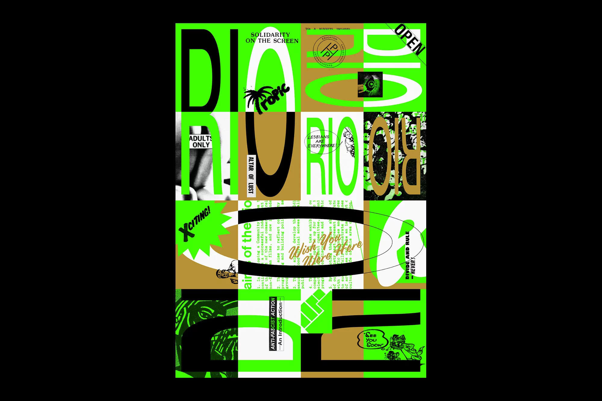 Graphic design poster with geometric shapes, bold text, and vibrant green, black and gold color palette on a black background.