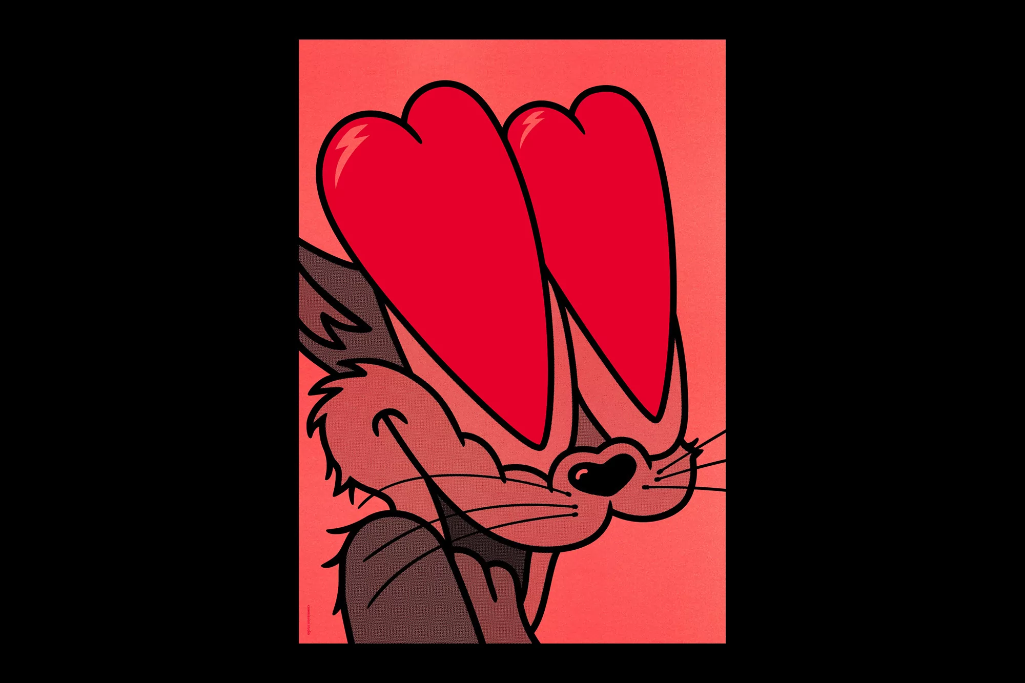 Cartoon art with an animal character with eyes replaced by bright red hearts, in front of a bright red background in portrait orientation.