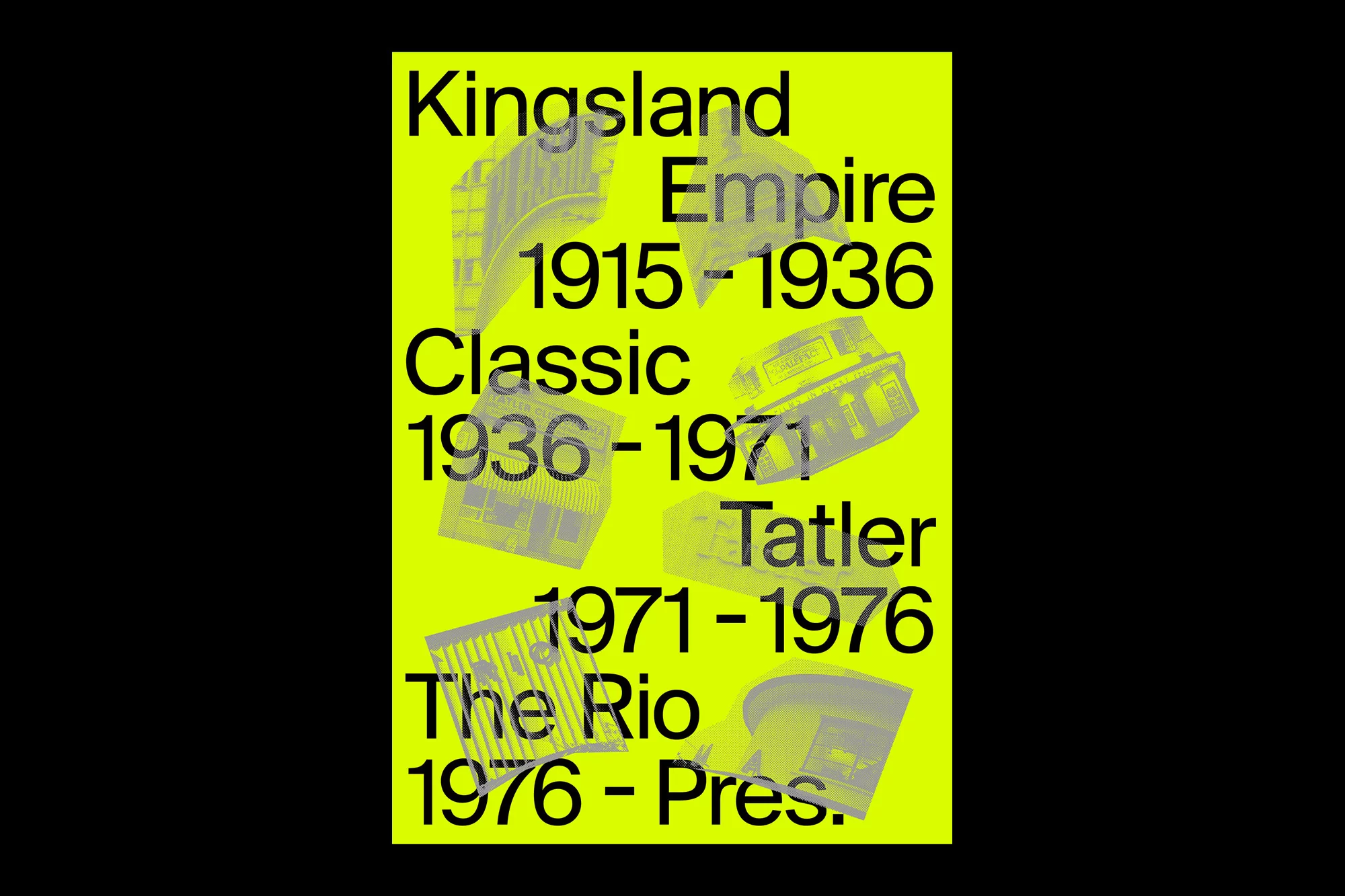 Graphic design poster featuring building illustrations with various dates against a bright yellow background and surrounded by black.
