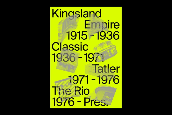 Graphic design poster featuring building illustrations with various dates against a bright yellow background and surrounded by black.